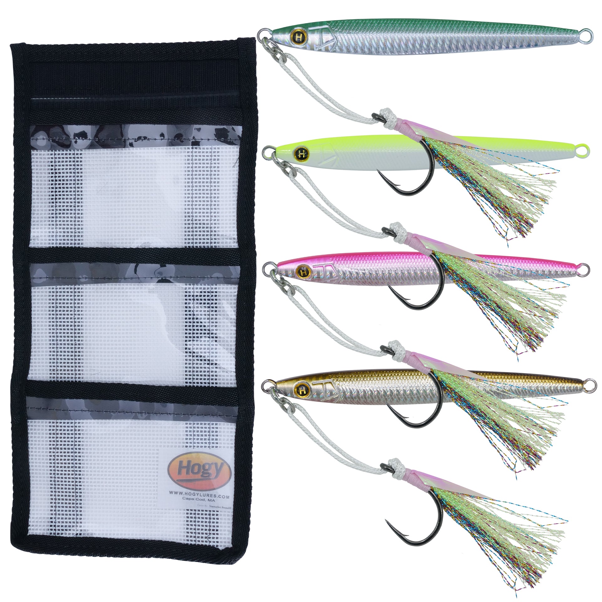 4.5oz (5.5") Sand Eel Jig Teaser Assist Hook Bundle + Medium Mesh Roll Up Storage Bag (5pc)